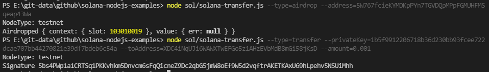 Ví dụ chạy 1 số lệnh transfer SOL